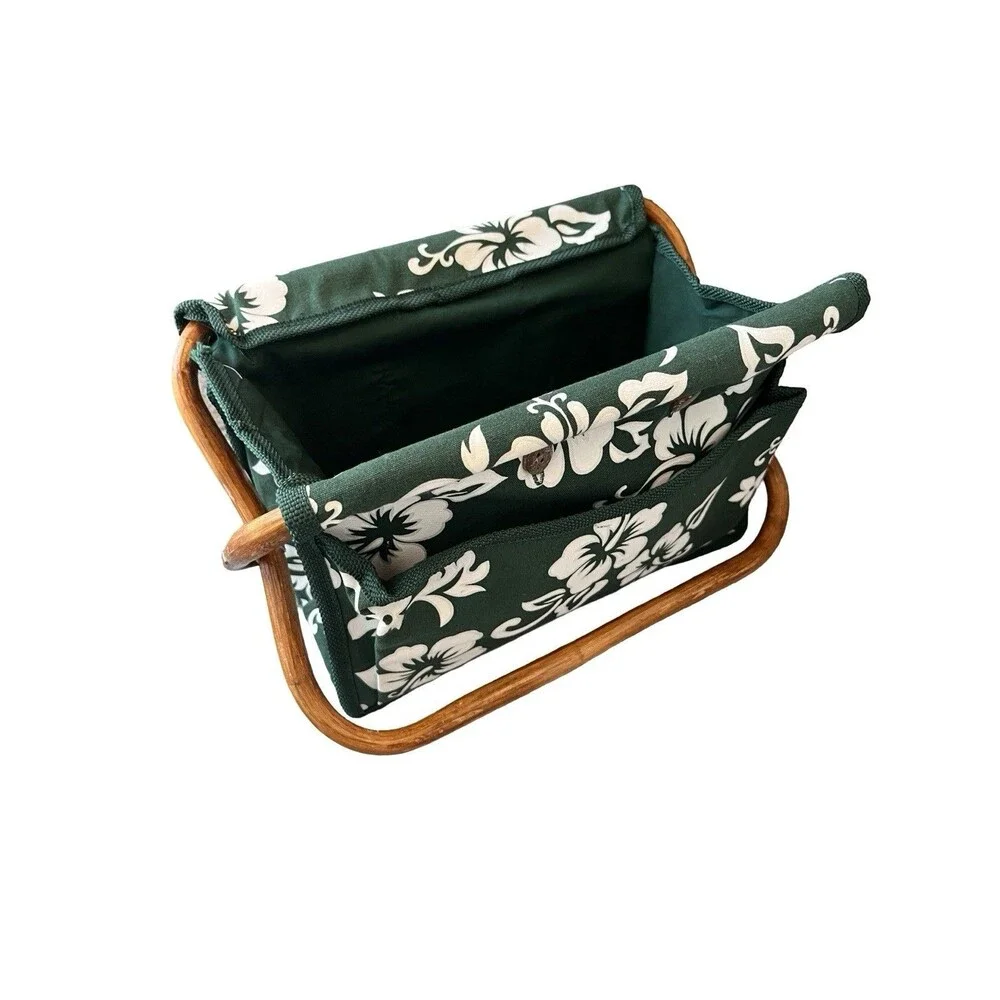 Vintage Folding Sewing Craft Organizer Basket Green Floral Wood Handle Storage